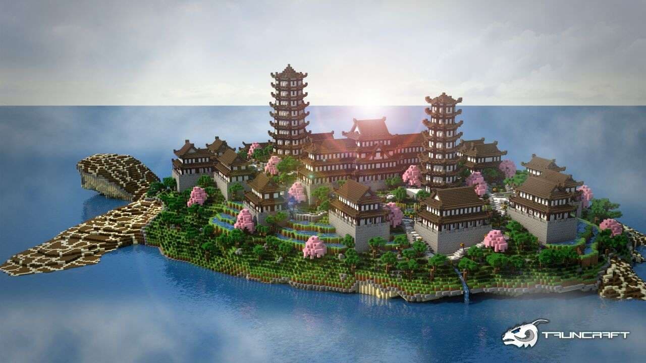 A Minecraft island city with pagodas, built on the back of a turtle in the sea