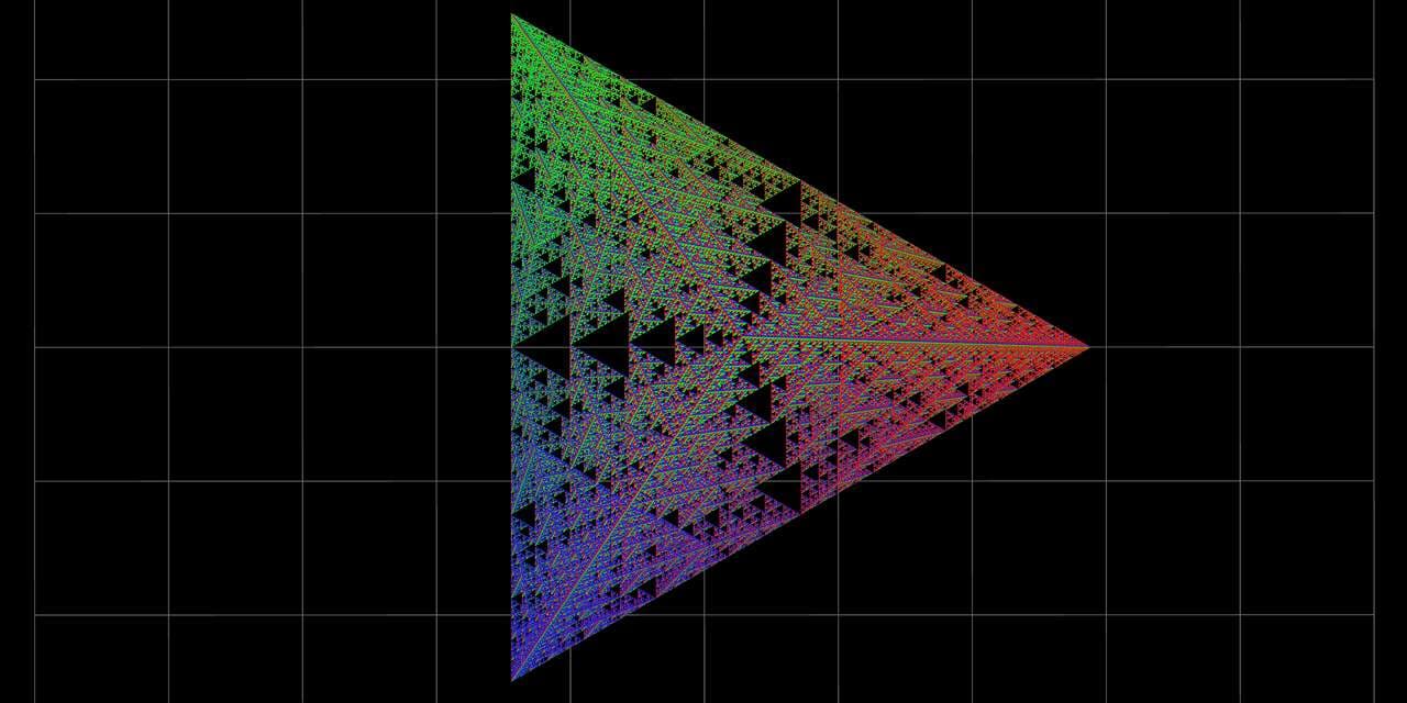 Colorful recursive triangular fractal on a black grid