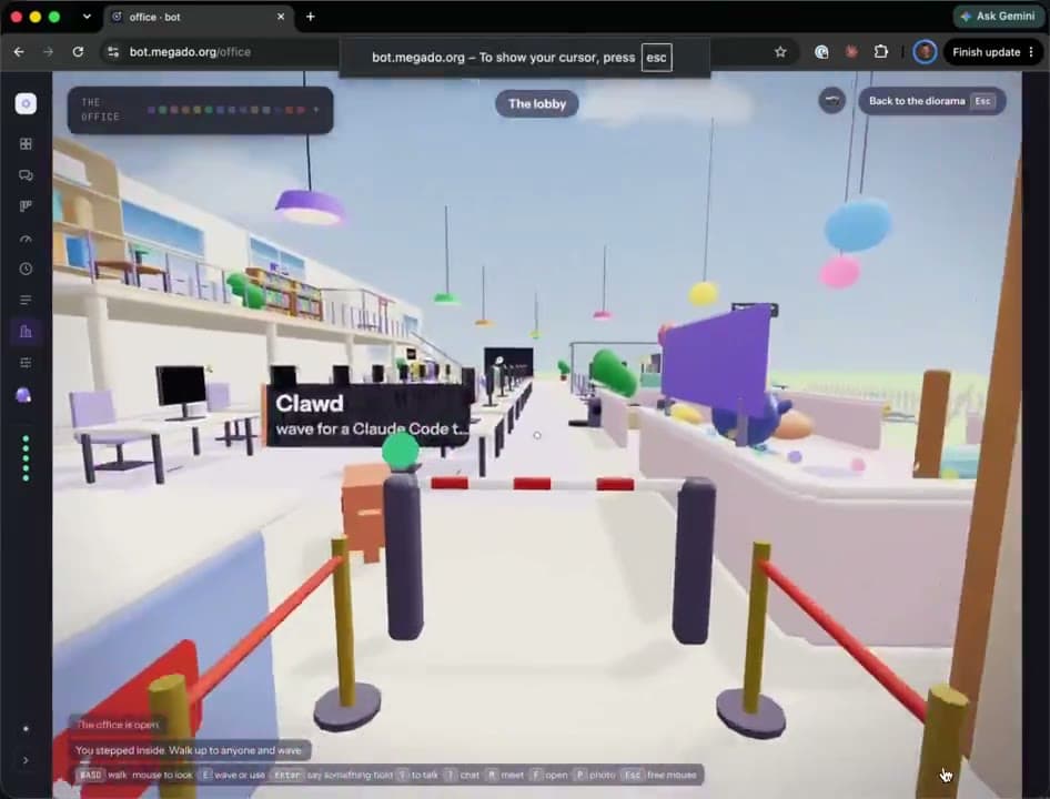 A first-person view into a bright cartoon office lobby, with a small orange character labeled Clawd behind a rope barrier