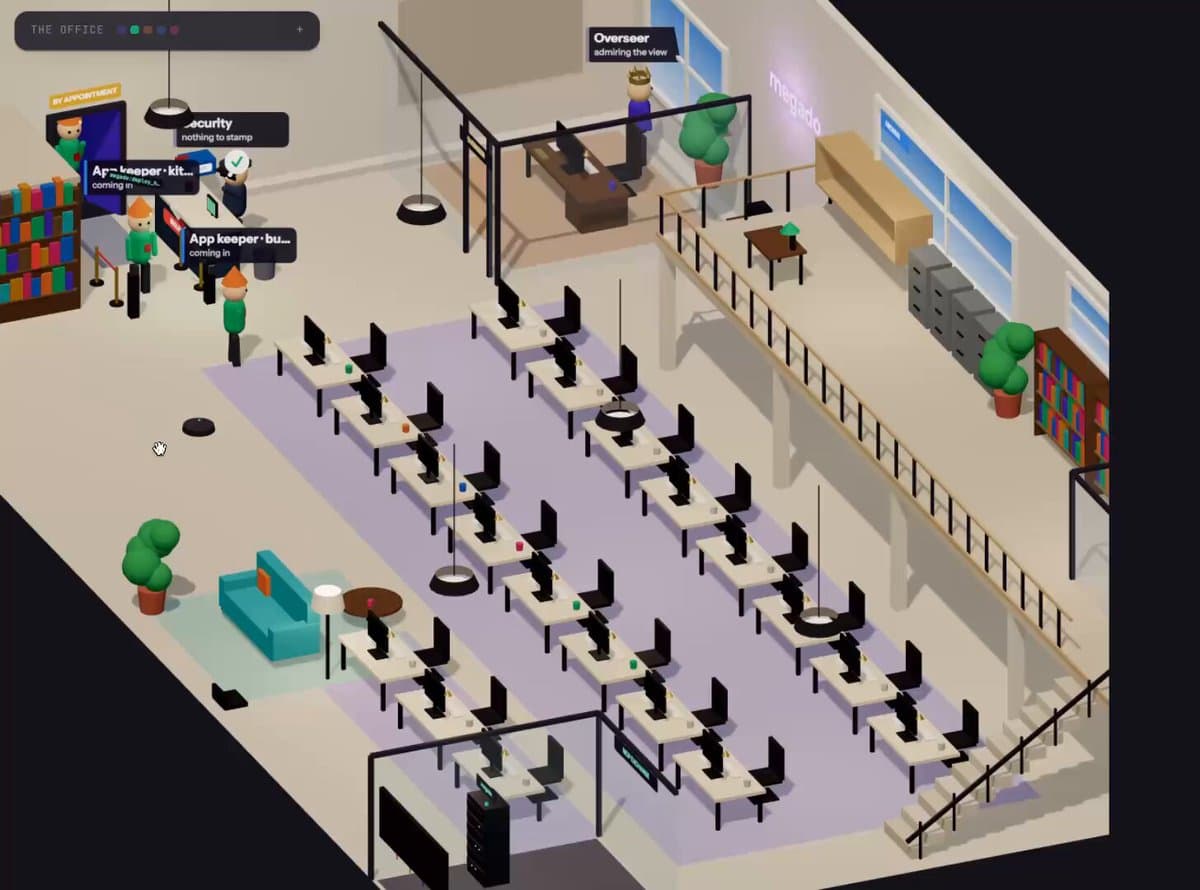 An isometric cartoon office with rows of desks on a large lavender carpet, a teal sofa on a rug, potted plants, a mezzanine with stairs and labels above the characters