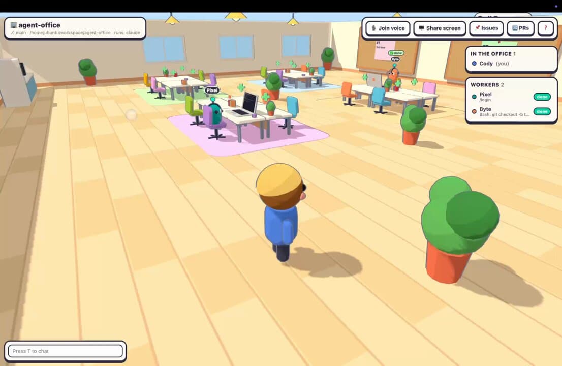 A cartoon office with a wooden floor, pastel rugs under groups of desks and a small character in a blue shirt walking between them