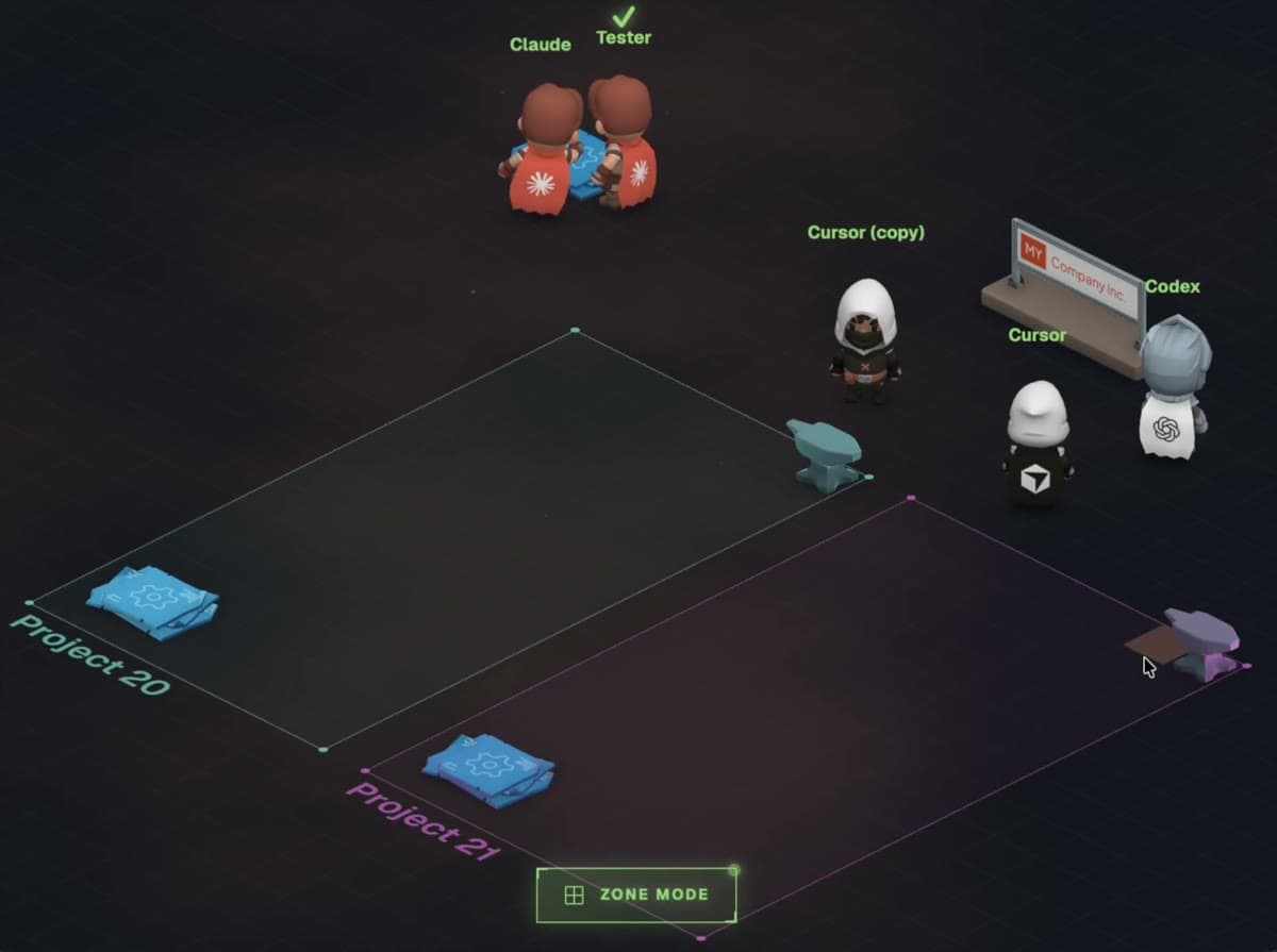 Ralv in January, with two project areas drawn on the floor, one tinted teal and one purple, and cartoon agents standing around them