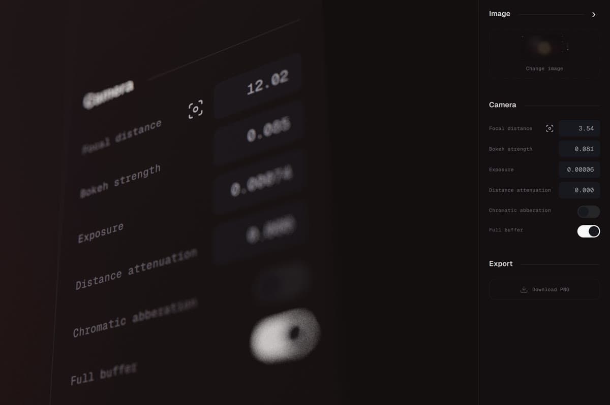 The Tactile Image Viewer interface rendered through itself, its camera settings tilted away and sinking into blur, next to the sharp settings panel with focal distance, bokeh strength and chromatic aberration